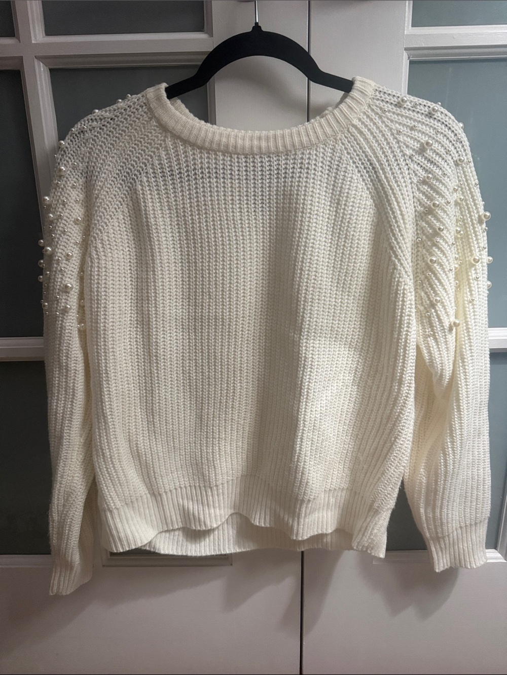 Aqua Cream Pearl-Embellished Crewneck Sweater